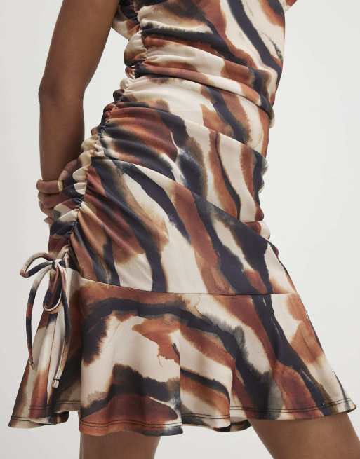 River Island Ruched abstract print mini dress in brown, 2 of 4