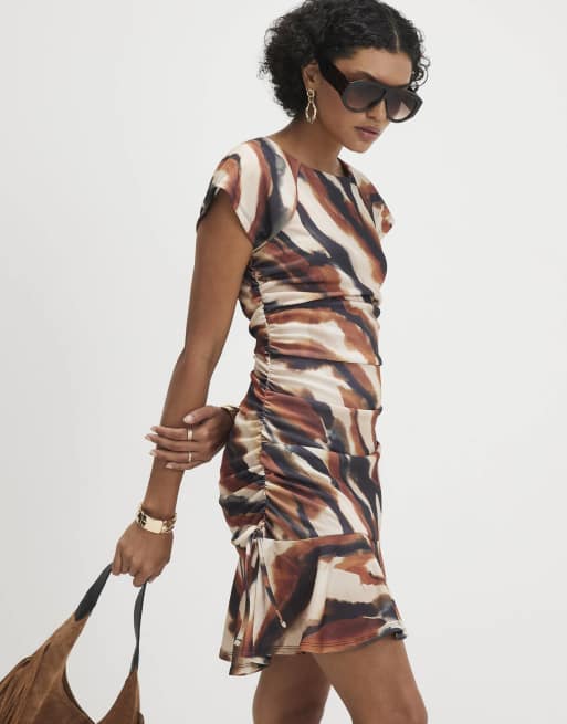 River Island Ruched abstract print mini dress in brown, 3 of 4