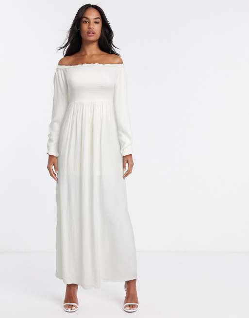 River Island ruched bardot maxi dress in white ASOS