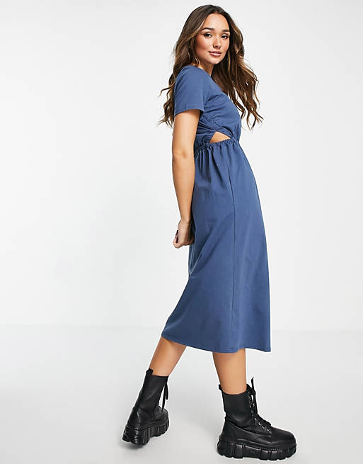 River Island ruched cut out waist midi dress in navy