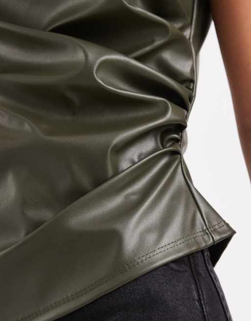 River island ruched faux leather top in khaki, 2 of 4