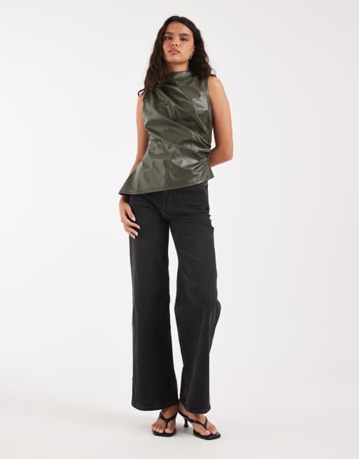 River island ruched faux leather top in khaki, 3 of 4