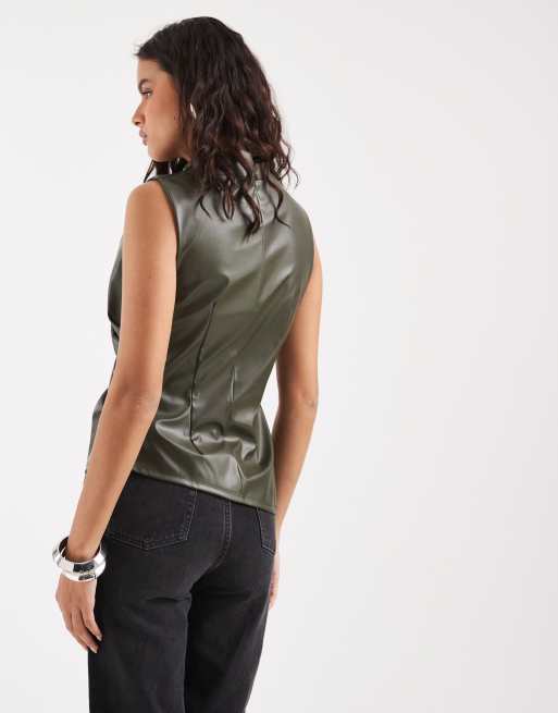 River island ruched faux leather top in khaki, 4 of 4