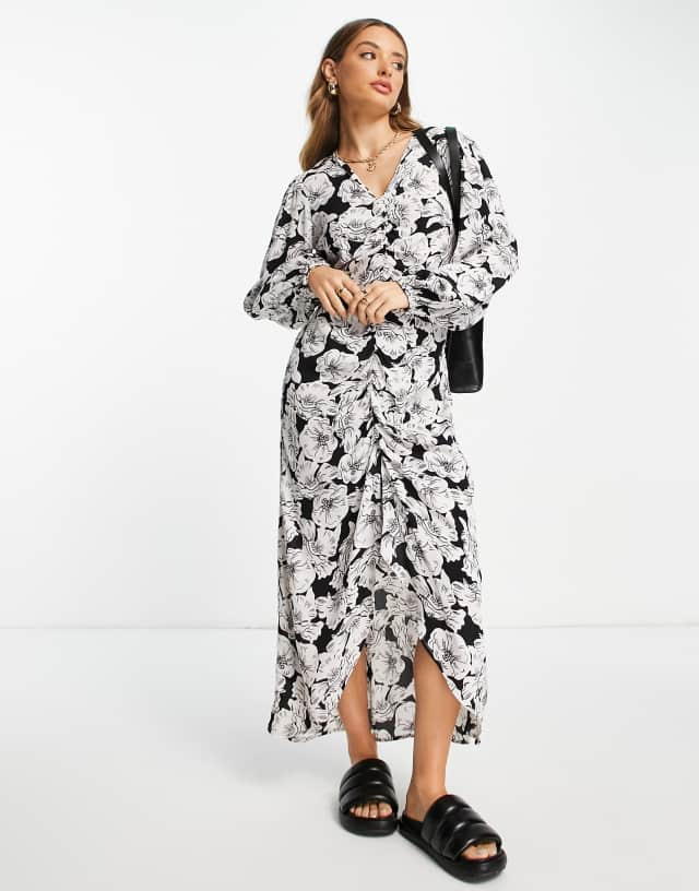 River Island ruched front floral midi dress in black