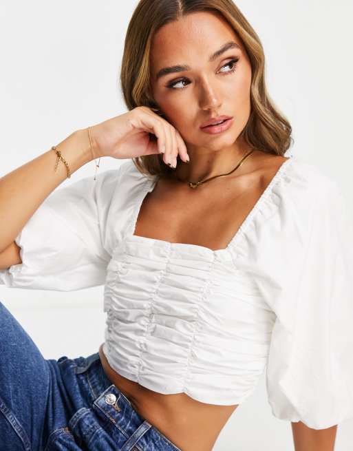 River Island ruched front puff sleeve blouse in white | ASOS