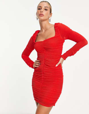 River Island ruched front slinky jersey mini dress in red | ASOS