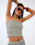 [River Island] River Island ruched gingham bandeau top in green (part of a set) 18 GREEN