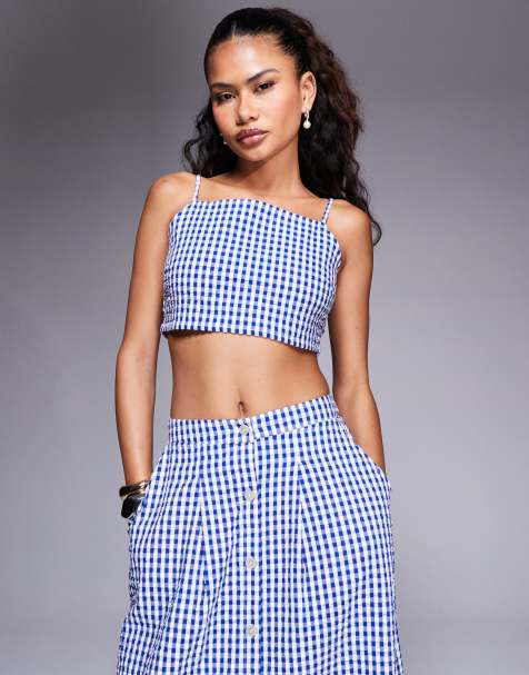 River Island ruched gingham bralet top in blue (part of a set) - view 1
