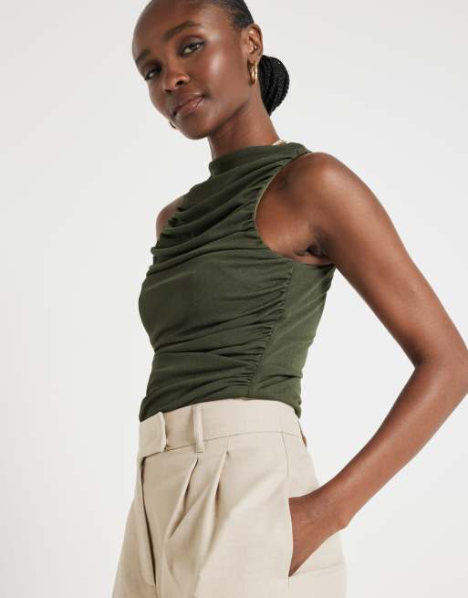  River Island Ruched high neck top in khaki