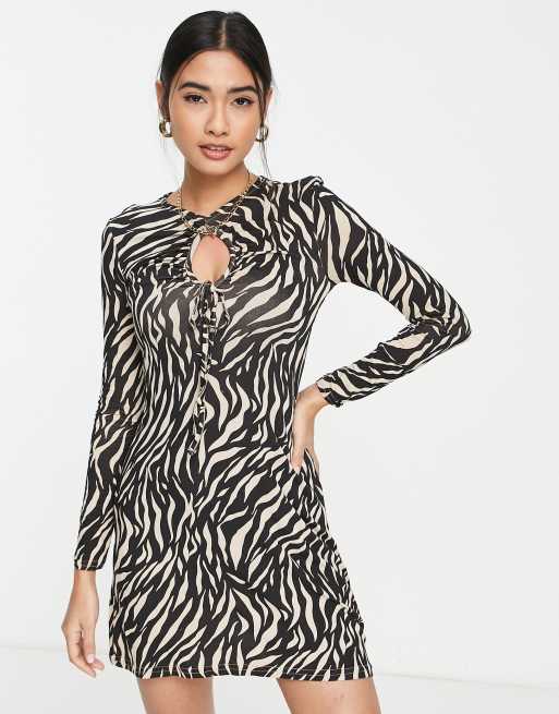 River Island ruched key hole mini dress in zebra print ASOS