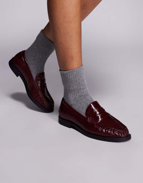 River Island ruched loafers in burgundy - view 1
