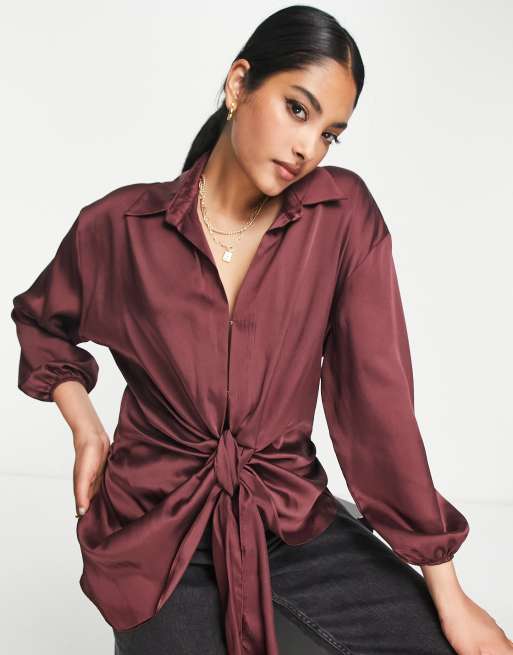 River Island ruched satin tie front shirt in dark red | ASOS