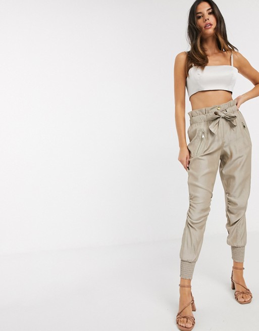 River Island ruched satin tie waist jogger trousers in beige