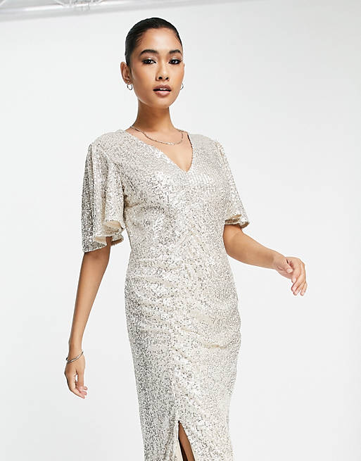 Mirakuløs R rulletrappe River Island ruched sequin midi dress in silver | ASOS
