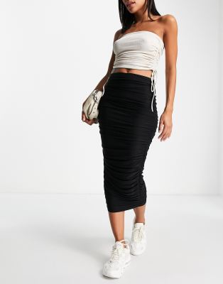 River Island ruched side midaxi skirt in black | ASOS