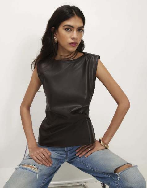 River Island Ruched side sleeveless top in dark brown - view 1