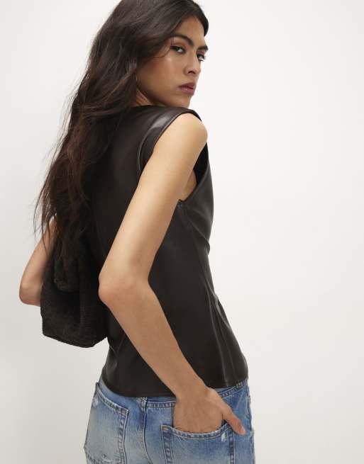 River Island Ruched side sleeveless top in dark brown , 4 of 4