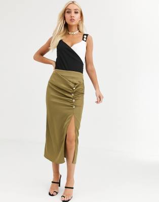 khaki ruched skirt
