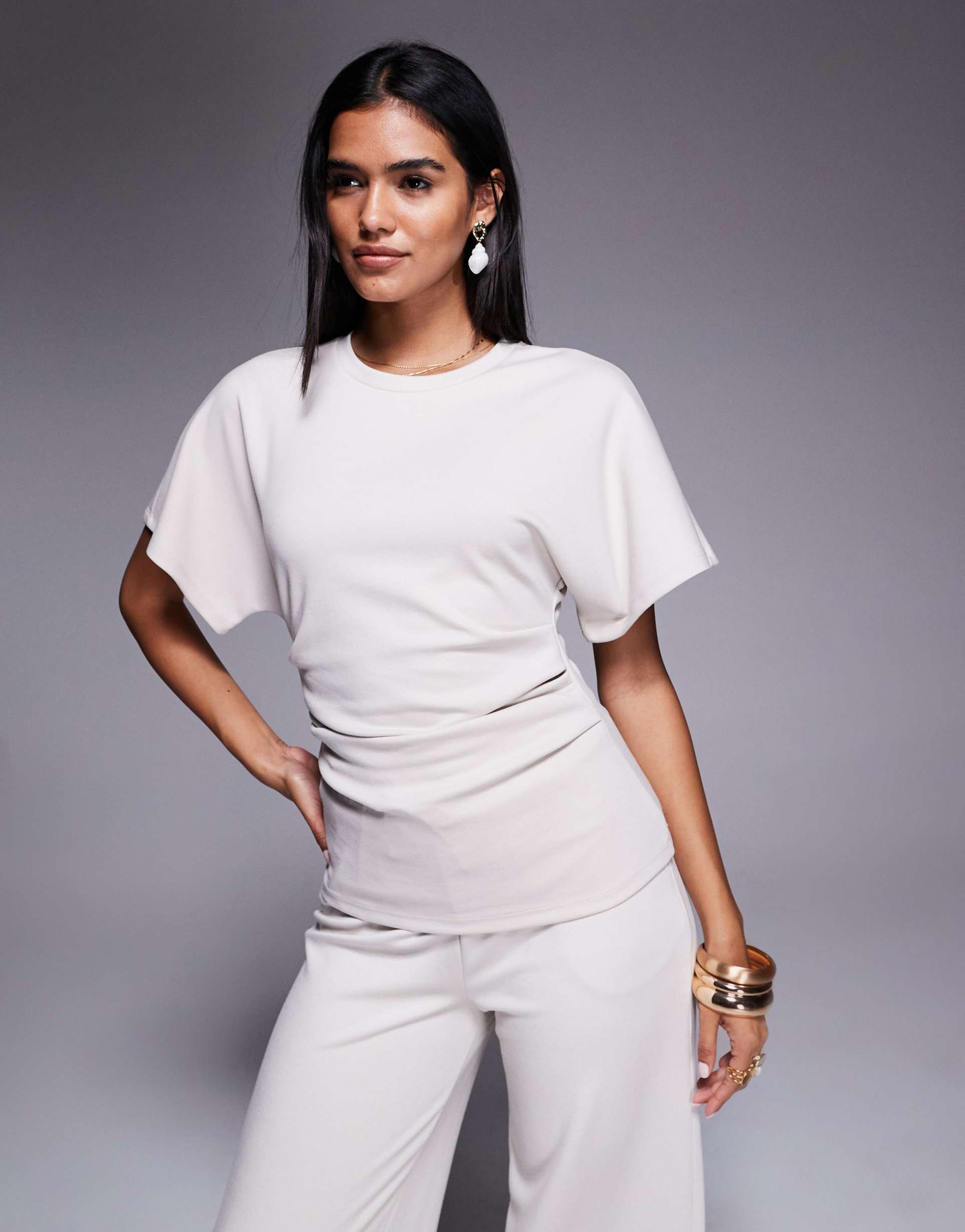 river island ruched side t-shirt in cream - part of a set