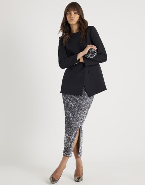 River Island Ruched side velvet sequin midi skirt in silver