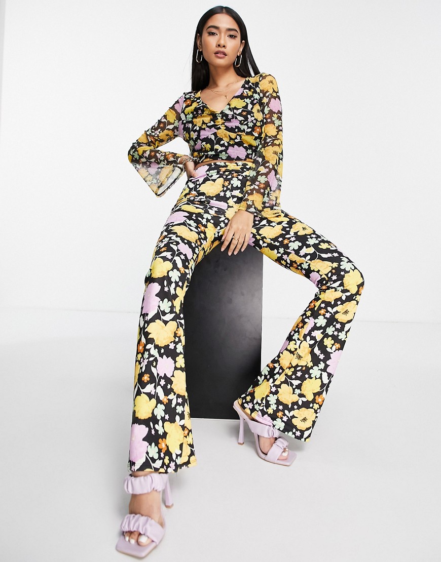 River Island Ruched V-front Mesh Floral Flared Pants In Yellow - Part Of A Set