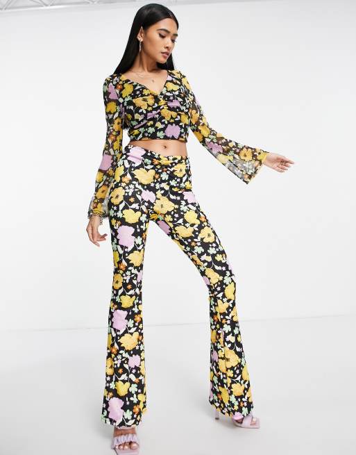 River Island ruched V-front mesh floral flared pants in yellow - part of a  set