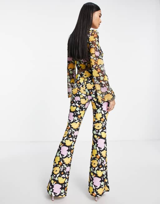 River Island ruched v front mesh floral flared pants in yellow (part of a set), 3 of 4