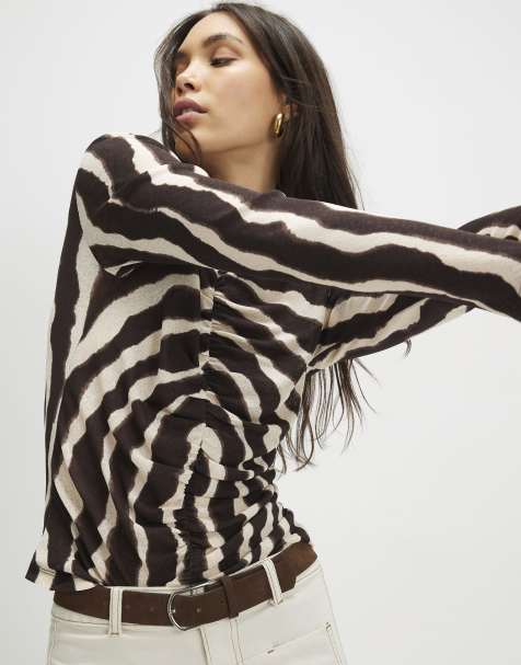 River Island Ruched wavy print mesh top in brown - view 1