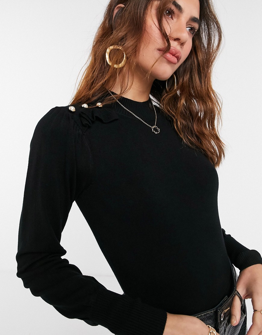 River Island ruffle and pearl high neck sweater in black