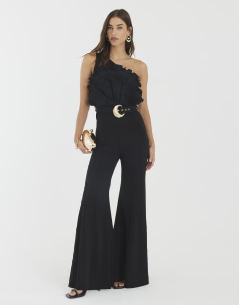 River Island Ruffle belted one shoulder jumpsuit in black - view 1