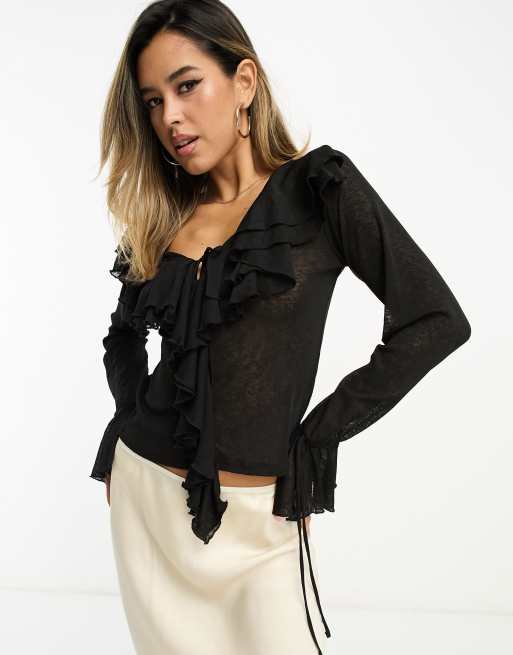 River Island ruffle blouse in black | ASOS