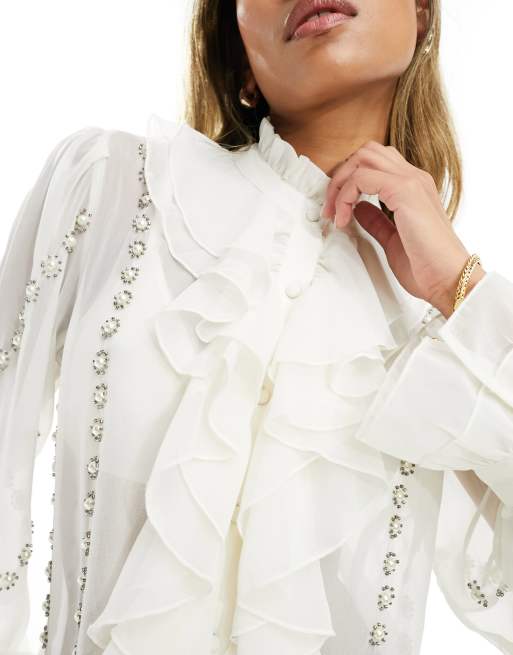 River Island ruffle blouse with embroidered detail in white ASOS