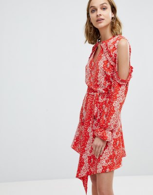 River Island Ruffle Cold Shoulder Detail Floral Print Dress | ASOS