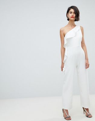 River Island Ruffle Detail One Shoulder Jumpsuit - ASOS Price Checker