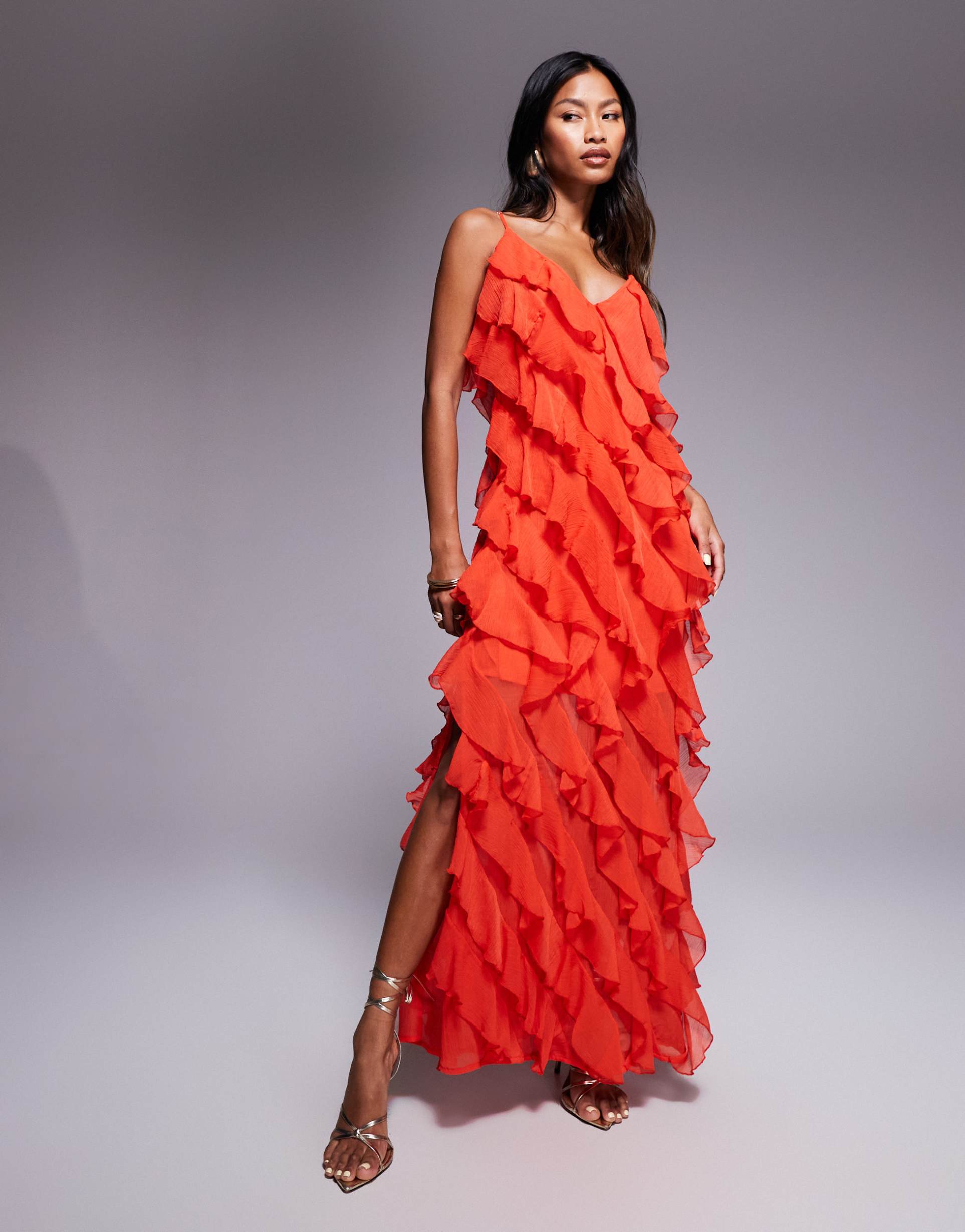 river island ruffle detail strappy maxi dress in orange