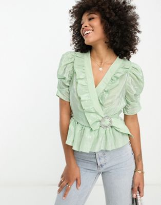 River Island Ruffle Detail Wrap Blouse With Diamante Buckle In Light Green