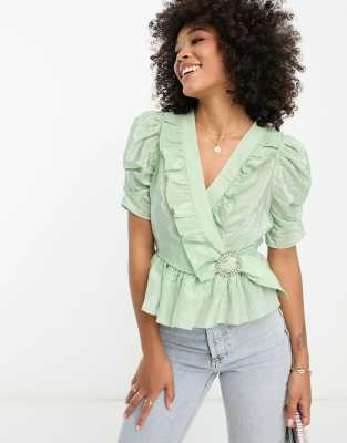 River Island Ruffle Detail Wrap Blouse With Diamante Buckle In Light Green