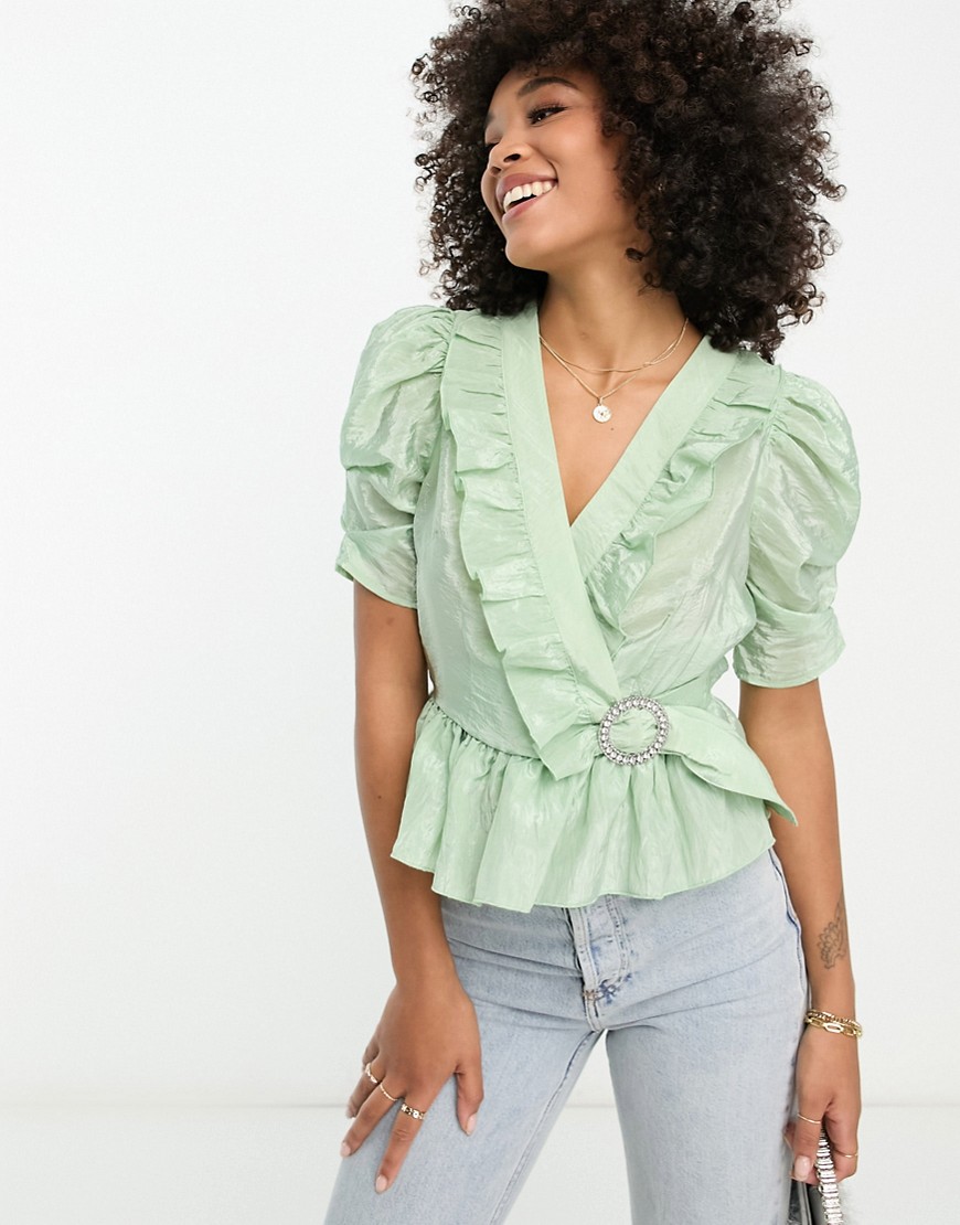River Island ruffle detail wrap blouse with diamante buckle in light green