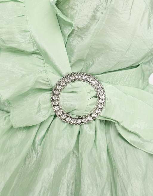 River Island ruffle detail wrap blouse with diamante buckle in light green, 3 of 4