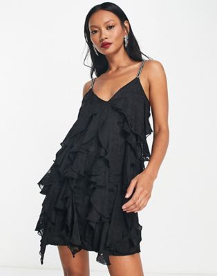 River Island ruffle devore slip mini dress in black | ASOS