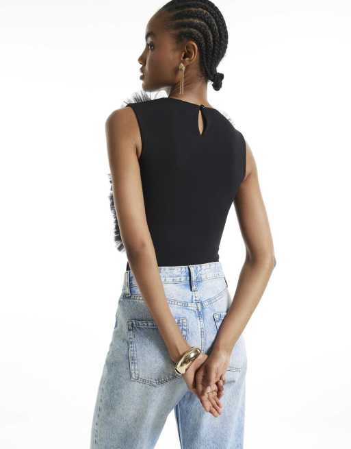River Island Ruffle frill bodysuit in black, 4 of 4