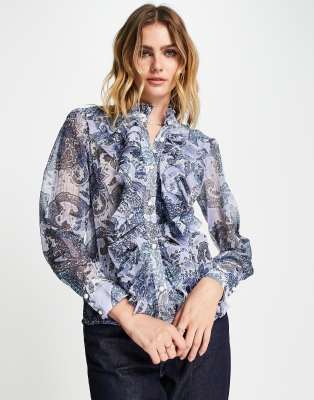 RIVER ISLAND RUFFLE FRONT BLOUSE IN BLUE PRINT