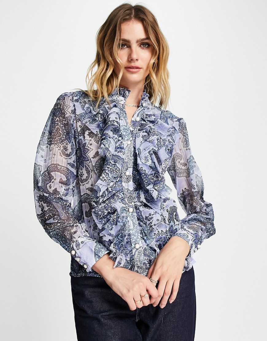 River Island ruffle front blouse in blue print