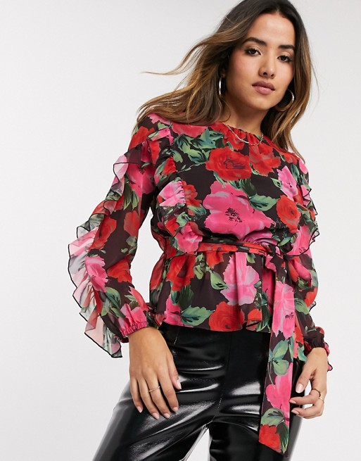 River Island ruffle front printed blouse in black