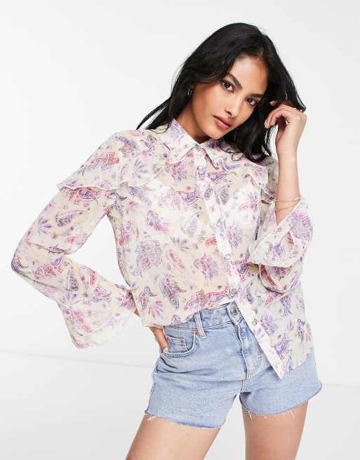 River Island ruffle hem chiffon shirt in light pink floral