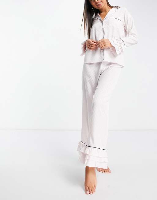 River Island ruffle hem pyjama trouser co ord in pink ASOS