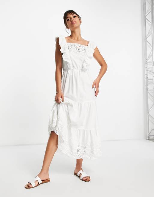 River Island ruffle lace tiered midi dress in white