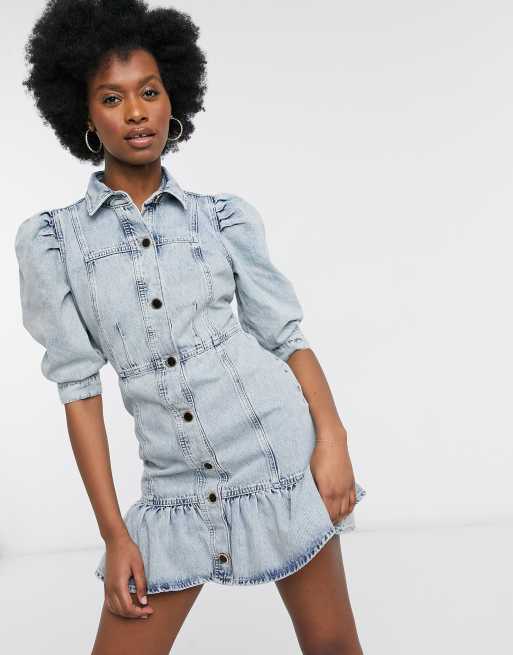 blue ruffle shirt dress Sail to Sable Ditsy Floral Ruffle Front Shirt Dress Ditsy FALLING VIOLETS PRINT / XL / SP25108