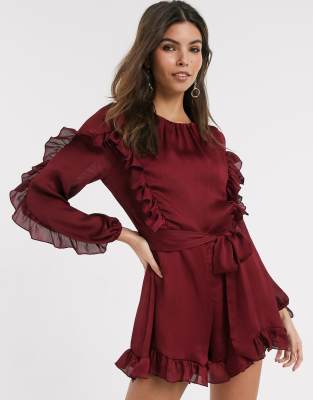 River Island ruffle playsuit in dark red