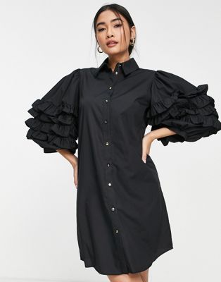 River Island ruffle puff sleeve mini shirt dress in black